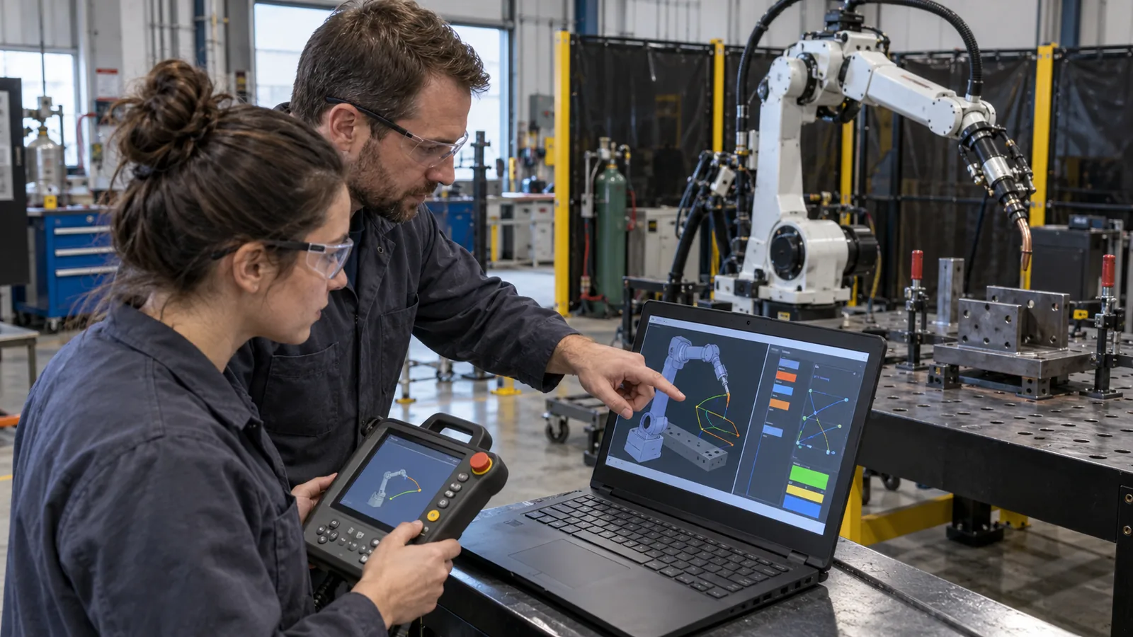 Two engineers in safety glasses stand beside a robotic welding cell, one pointing at a laptop showing a program while the other holds a teach pendant