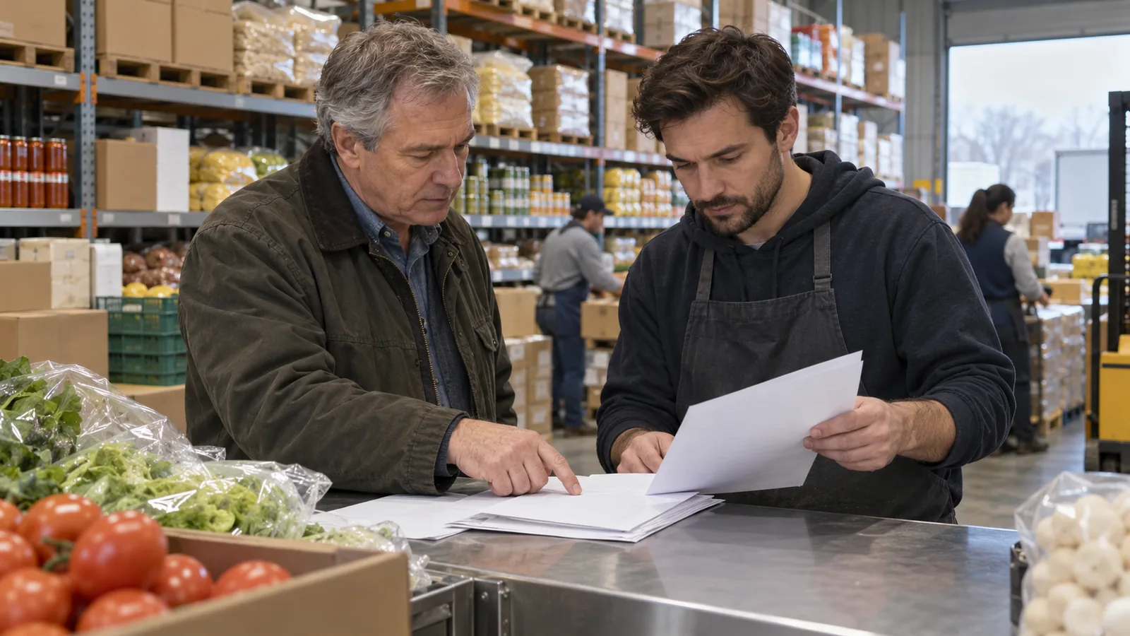 A father and adult son go over invoices together at the counter of a busy wholesale food supply store with stocked shelves behind them