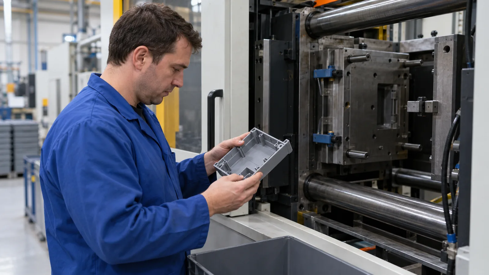 A technician in a blue smock pulls a gray plastic part from an injection molding press and holds it up to inspect the edges