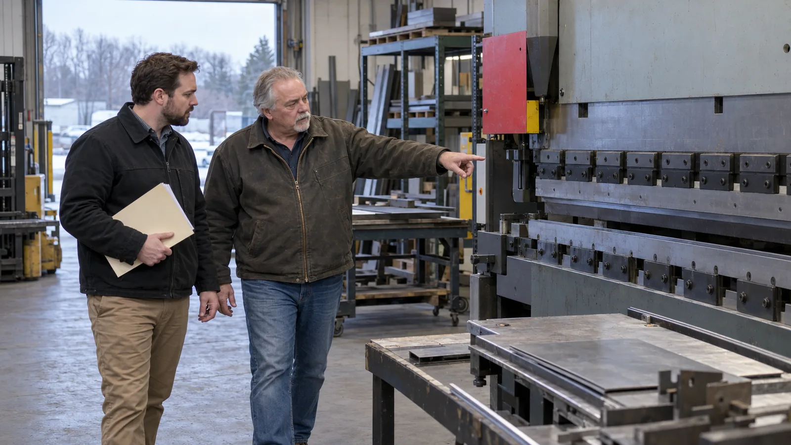 An older owner in a work jacket walks a younger buyer through a small metal fabrication shop, pointing at a press brake