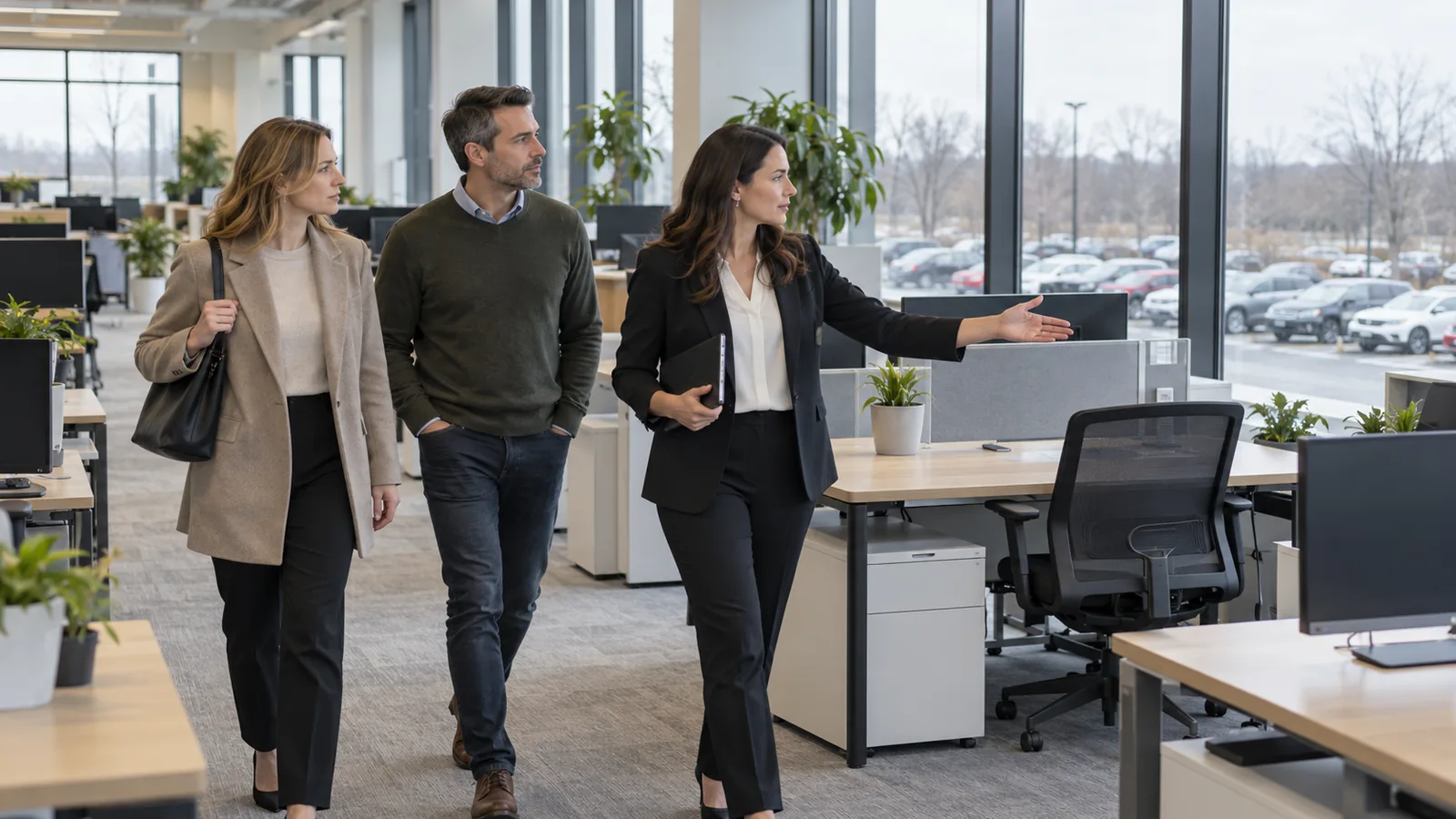 A woman in a blazer leads two visitors past rows of desks in a bright open office with tall windows overlooking a parking lot