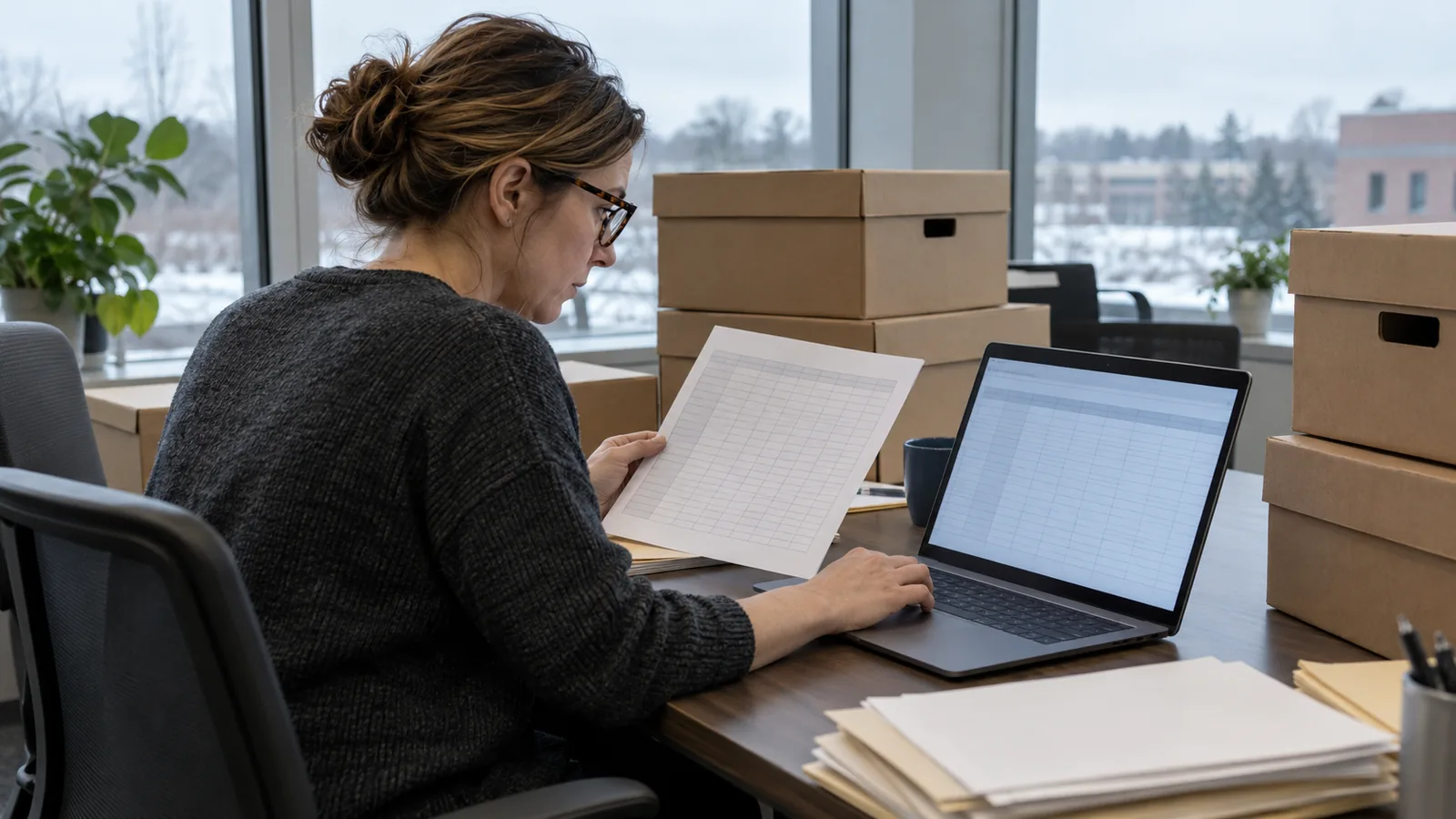 A woman in reading glasses compares a printed page against a laptop screen at a desk with stacked file boxes and folders